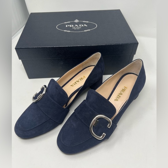 Prada Navy Blue Suede Heel Loafers - Picture 1 of 8